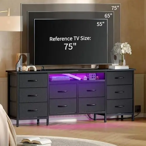63" White Bedroom Dresser - 10 Fabric Drawers, Power Outlet & LED Light, TV Console Cabinet for 65"-75" TVs, Living Room & Apartment Furniture