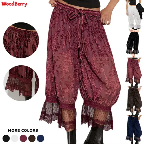 WoodBerry Women's Fashion Lace Trim Bloomers - Lightweight Sheer Floral Burnout Lantern Pants, Elastic Waist, Lined to Prevent Exposure, Machine Washable Women's Bottoms, Machine Washable Pants, Baggy