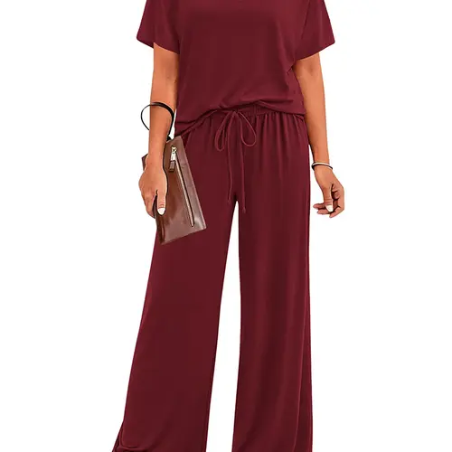 BTFBM 2-Piece Sets for Women Summer V Neck Short Sleeve Lounge Set Wide Leg Pants Matching Set Airport Travel Outfits #Clearance