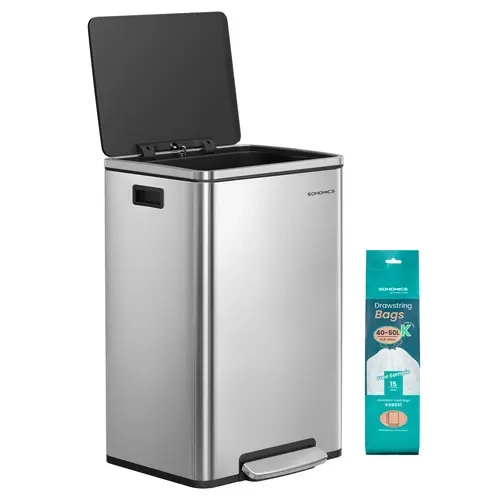 SONGMICS 13gal Stainless Steel Kitchen Trash Can - Freestanding Garbage Bin, 16.4"l x 14.7"w x 25.5"h, 14.1 lb, Household Item with Soft-Close Silent Lid, ABS Foot Pedal, Removable Inner Bucket, 2 Handles, 15 Trash Bags