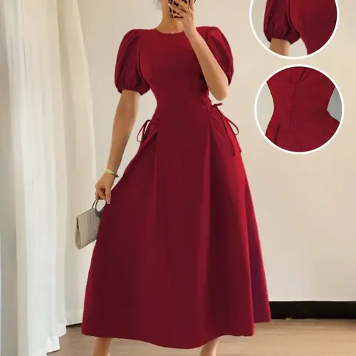 Summer Wedding French Shoulder Bubble Short Sleeve Dress, Ruched Waist Side Tie Slimming Chic Elegance, Romantic Vacation Gown, Party