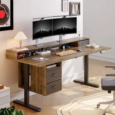 【DealsforYouDays】ONBRILL Electric Sit Stand Desk (Standing Desk) - 63x24 In Sturdy Wood Workstation with 3 Drawers, Open Storage Shelf, 28-46 In Adjustable Height Stable Tabletop for Home Use