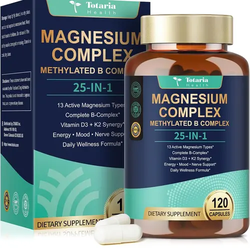 Totaria 25-in-1 Magnesium Complex with Methylated B Complex, Vitamin D3 & K2, 120 Vegan Caps for Relaxation, Energy & Nerve Support,travel essentials