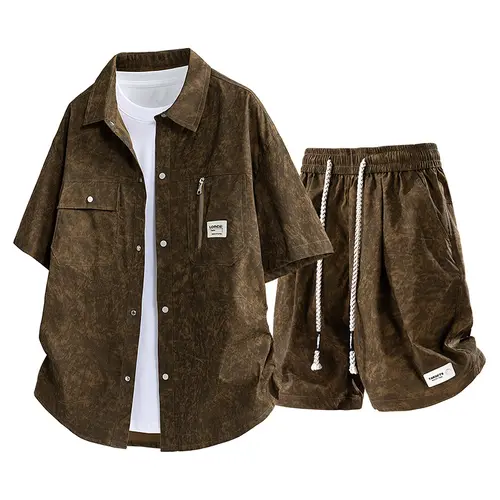 2026 Hot Style Detroit Short Sleeve Shirt + Shorts Two-Piece Set for Men American Retro Cleanfit Tie-Dye Workwear Short Sleeve Set Brown Corduroy