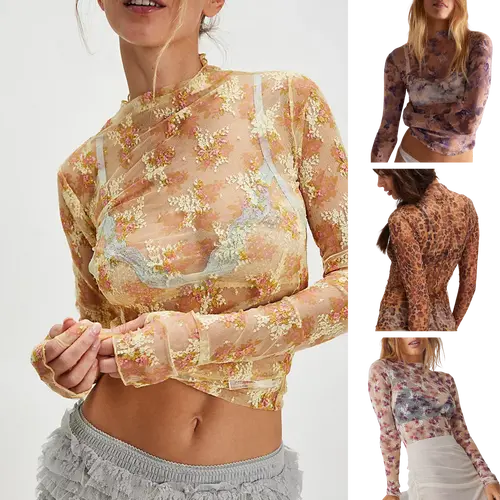 SCUSTY Women's Lace Mesh Top Long Sleeve Floral Lace Blouse Sheer Mesh Mock Neck Layering Top Comfortable Breathable Stretchy Fabric