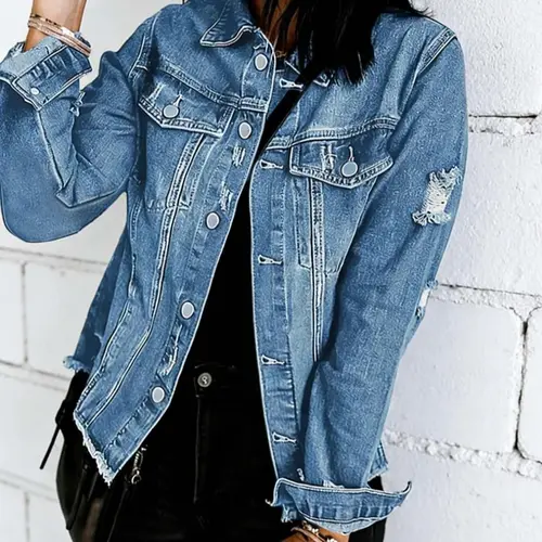 Women's Plus Size Long Sleeve Denim Jacket, Frayed Hem Design, Ripped Solid Color Casual Everyday Fitted Outerwear, Fashion Trendy Jean Coat, Casual Coats, Button, Womenswear