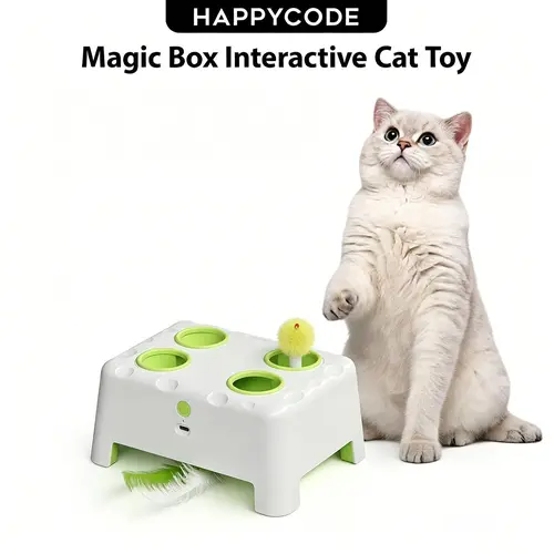 HAPPYCODE Magic House Interactive Cat Toy, Automatic 3-in-1 Electric Cat Toy for Indoor Cats, Smart Whack-a-Mole & Rotating Feather Wand Toy, Boredom Relief Cat Entertainment Toy,International Cat Day,back to school