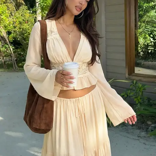 Women Spring Autumn Long Sleeve V Neck Tops Long Skirt Beach Vacation Chiffon Two Piece Set Outfit Womenswear