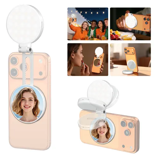 Newmowa 3-in-1 Magnetic Mirror Selfie Tool – MagSafe 360° LED Ring, Mirror & Phone Stand, Portable Rechargeable, 3 Color Temperatures, Compatible with iPhone 17, Smartphone/Cellphone/Mobile Vlogging Equipment for Makeup