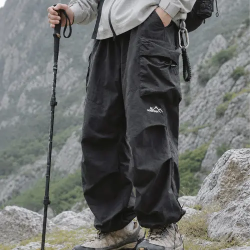 Menswear Baggy Cargo Pants for Men - Water-Resistant Lightweight Parachute Bottoms, Elastic Waist Loose-Fit Gorpcore Streetwear, Cargo Pants Women Casual Outdoor Hiking Trousers Black