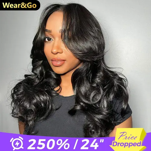 OQ HAIR Pre Styled Butterfly Cut Layered Yaki Straight Wavy V Part Human Hair Wigs With Drawstring 250% Density Body Wave Half Wig Wear Go Glueless Human Hair Wigs