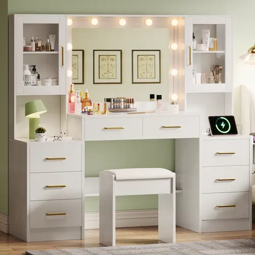 White vanity desk with mirror, replaceable lights and charging station; 58″ makeup desk with 8 drawers, 2 cabinets, and lots of storage; dressing table vanity set with lighted mirror