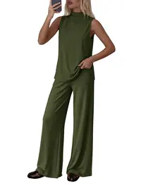 BTFBM Summer 2-Piece Lounge Sets For Women Sleeveless Mock Neck Top Wide Leg Pants Airport Travel Beach Vacation Outfits #Clearance