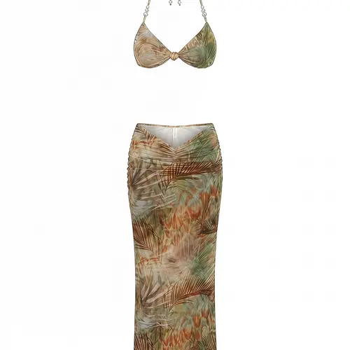 【No Pearl Accessories】DealsForYouDays Floral Print Bikini With Backless Pearl Knot Criss-Cross Swimsuit And Mesh Skirt, Summer