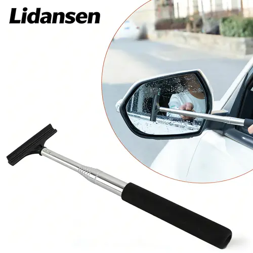 Black Retractable Car Rearview Mirror Wiper - Long Handle Portable Compact Size Squeegee with Comfortable Grip, Universal Detailing Products, Auto Detailing Supplies, Car Accessories for Rainy Foggy Weather Glass Cleaning