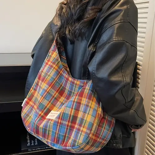 Retro Plaid Underarm Bag, Spring/Summer Textile Shoulder Bag, Crossbody Tote Bag, Casual Fashion Bag, Multi-Color Versatile Casual Large Capacity Bag, Suitable for Dates, Commuting, Shopping, and Compatible with Everyday Accessories