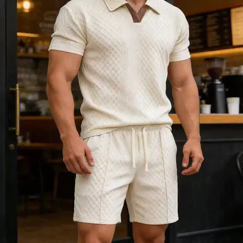 Men's 2-Piece Summer Casual Sports Set - Shortsleeve Breathable Jacquard Fabric Polo Shirt & Shorts, Beige Menswear Clothing Set