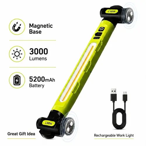 LWW Cordless Rechargeable LED Underhood Work Light - 3000LM, 5200mAh Detachable 5200mAh Battery Cells, Dual Magnetic Magnets & Hook, Waterproof Metal Portable Lamp for Car Repair & Engine Work, Emergency Use, Ideal for Dad, Hands-Free Positioning