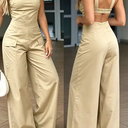 New Women's Backless Overalls Jumpsuit, High-Waisted Wide-Leg Casual Workwear Style, Slimming One-Piece Pants, Fashionable and Comfortable