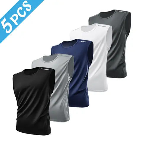 Men's Trend 5-Pack Fitted Plain Quick Dry Breathable Fabric Upper Body Sleeveless Sports T-Shirts - Round Neck, Reflective Decoration, Ideal for Daily Fitness Training