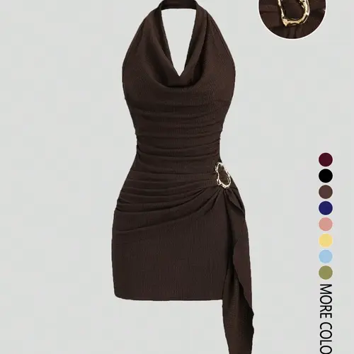 Women's Fashion Slim Solid Color Halter Neck Sleeveless Dress, Casual Office Wear, Elegant Backless Design, Perfect for Daily Use, Stylish, Chic and Comfortable, Casual Classy Dress