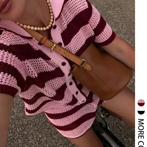 Women's Spring Summer Striped Fitted Knit Button Front Short Sleeve Top and Shorts Set, Casual Elastic Waist Two-Piece, Cute Clothing Set Knit Outfit Set, Outfits Set