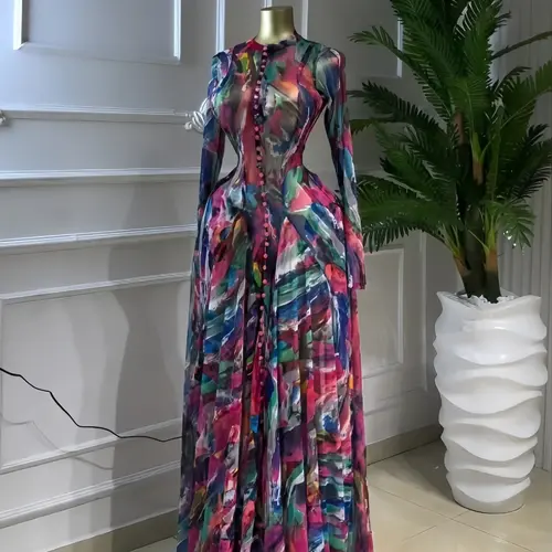 Women's PULKRITU Round-Neck Long Sleeve Woven Maxi Dress, Romantic Valentine's Day Party Outfit Gown, Sexy Mesh Sheer Dress, Spring Lady Dress for Evening Club Wear, Elegant Evening Wear, Formal, Evening Party Dresses, Womenswear