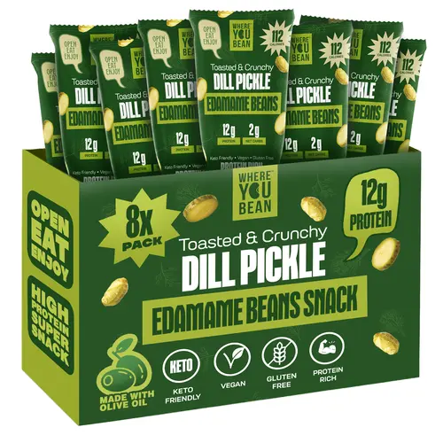 Where You Bean Dill Pickle Crunchy Roasted Edamame Beans – 12g Protein, Low Carb, Keto Friendly Vegan Snack & High Fiber - Made with Olive Oil (8-Pack)