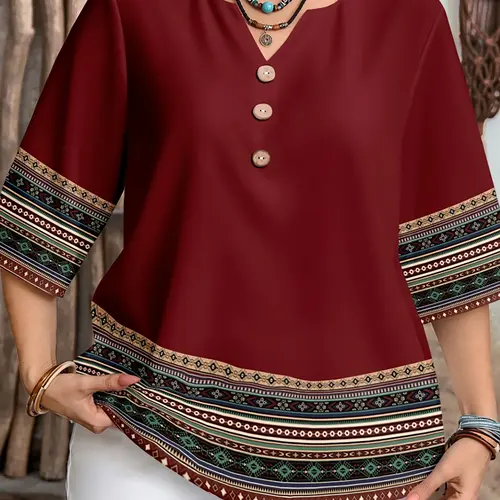 Plus Size Women's Casual Geometric Print Ethnic Bohemian Style Loose Batwing Sleeve Shirt Blouse Top Clothes, Perfect for Spring and Summer Everyday Wear, Boho Style Shirt