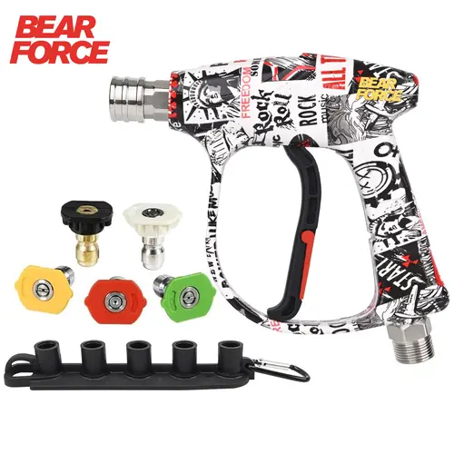 Bear Force High Pressure Washer Gun 3000 PSI Max, Color Painted Power Washer Short Gun M22-ID14mm with 1/4 Inch Quick Connector & 5 Spray Nozzles, Car Wash, Car Cleaning, Car Care Detailing ergonomic handle toolupgrade