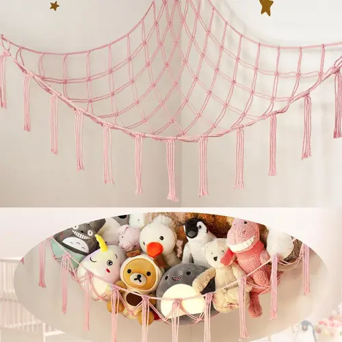 Pink/White/Black Stuffed Animal Storage Hammock Net Corner arge Toy Hammock Net for Stuffed Animals Room Decor - Cute Stuff Animal Organizer Plush Holder - Kids Baby Nursery Essentials Wall Bedroom Home Decor