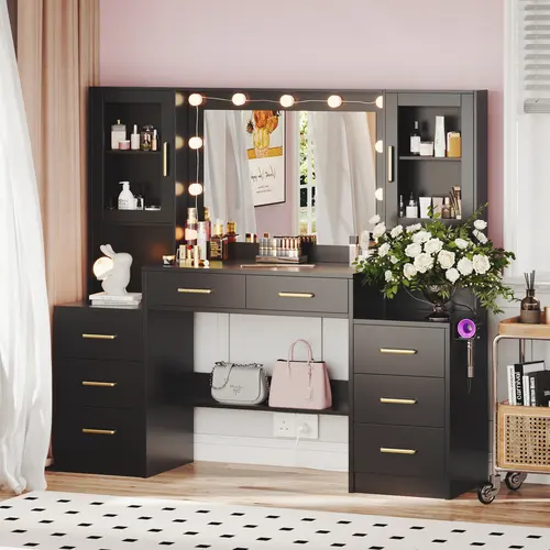 58.3" Vanity Desk with Mirror and Replaceable Lights & Charging Station, Bedroom Dressing Table, Large Vanity Set, 8 Drawers and 2 Cabinets, Makeup Vanity Table with Charging Station, Without Stool, White, Black, Pink