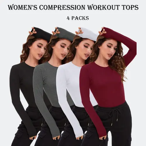 Women’s 4-Pack Long Sleeve Compression T-Shirts, Red Fall Fashion Top Tight Crew Neck Slim-Fitted Sports & Outdoor Tops, Quick Dry Activewear for Gym, Yoga, Fitness Outfits, Underscrubs,falloutfits,back to school haul,sohochic