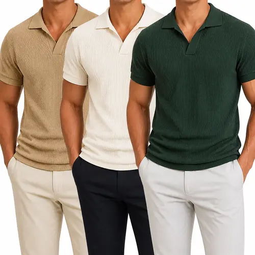 Men's Short Sleeve Knit Top - 2026 Summer Trend, Minimalist, Versatile, Plain, Comfortable Polyester Athletic Knitwear for Indoor/Outdoor Easy Wear, Hand Wash, Foldable, Halloween