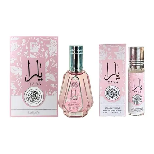 Yara Women's Perfume Gift Set - 50 ml & 10 ml Rollon Oils, Long-Lasting Arabic Fragrance with Floral-Fruity Vanilla Notes, Arabic Perfumes Mix, Beauty Products for Adults, GF Gift