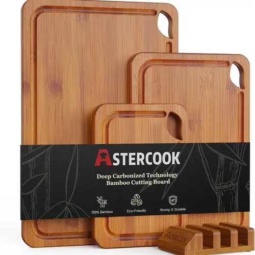 Astercook Cuboid Bamboo Chopping Board Set - Kitchen Chopping Block, Durable for Prep, Stable Non-Slip Top, Easy-Clean Surface Saves Wash-Up Time, Hand-Wash Only for Efficient Food Preparation