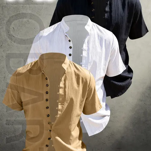 3pcs Men's Summer Short Sleeve Shirts, Lightweight Plain Button-Up Shirt with Stand Collar, Breathable Basic Solid Color Design, Minimalist Slim Fit, Machine Washable, Suitable for Beach Vacation and Pool Party, Tropical & Casual Attire