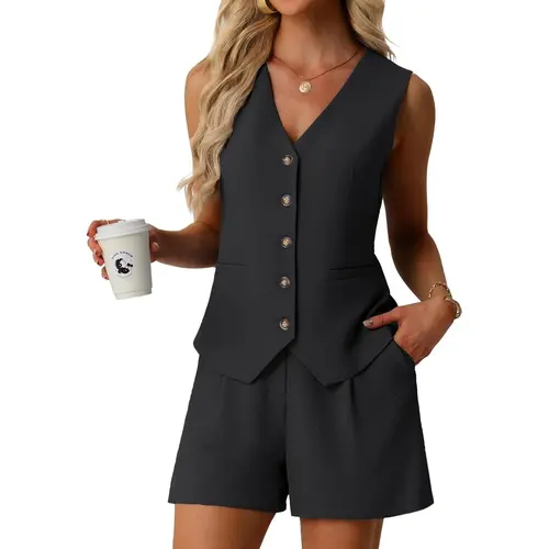 Lepunuo Women's Summer 2 Piece Outfits Sleeveless Button Down V Neck Vest Business Casual Outfits Vacation Travel Sets
