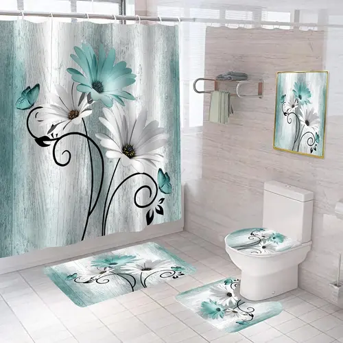 5PCS Waterproof Daisy Shower Curtain Set with Flowers, Garden-Inspired Floral Pattern, Matching Wall Art & Fresh Colors - Bathroom Decorations for Home Bathroom Supplies