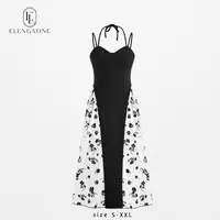 Elengatine Viral Black & White Floral Maxi Dress for Women | Spaghetti Strap Patchwork Long Dress | Slim Fit, Flowy & Breathable Fabric | Perfect for Spring Summer Outfits, Vacation, Brunch, Date Night, Elegant Street Style & TikTok USA Trends,summerwins,