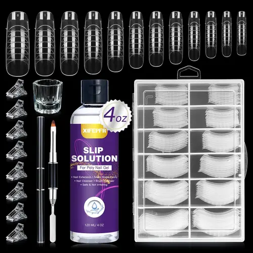 PINPAI Smooth Polygel Nail Extension Kit - 4oz Anti-Stick Liquid, 120pcs Dual Forms, Brush, Clips, Manicure Cup, DIY Nail Care Set for Women, Great Gift for Women