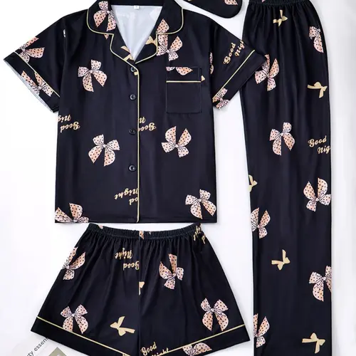 Women's Bow Print Top and Shorts Set, Comfortable Sleepwear, All Seasons Loungewear, Casual Loungewear, Pajama Set, 2026 Fashion Collection, Pjs, Homewear, Printed Pajama Set