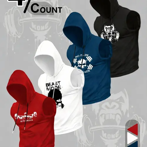 Men's Summer Workout Hoodie Set, Casual Fitted Sleeveless Hooded Tops, Multi-Color Training Tank Tops, Fitness Streetwear