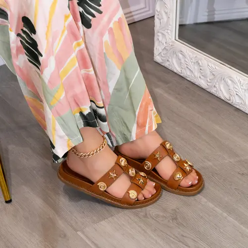Millie - Women's Padded Slip-On Slide Sandals - Front Strap, Comfortable Insole, Flat Platform, Gold-Tone Beach Charms, Lightweight Footwear for Summer Casual Shoe Use