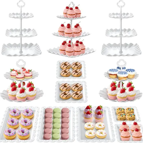 Sebastian CADIA Plastic Tiered Cake Style Cupcake Stands Set (12Pcs) - 3-Tier Tower, 2-Tier Holder, Lightweight Serving Trays for Tea Party, Birthday Decoration Supplies