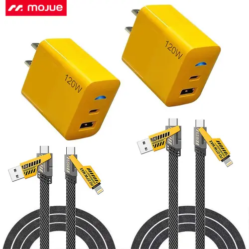 MOJUE 100W Fast Charging Set – 3-in-1 Braided Cable with Mecha Style, Dual USB-C & USB-A Wall Charger, Compatible with iPhone 17/16/15/14/13, Samsung Galaxy, iPad, Android – #BackToSchool