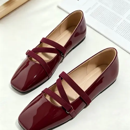 Women's Easy-On Flat Low Heel Square Toe Shoes, Casual Flat Footwear, Fashionable PU Leather Rubber Sole, All-Season Versatile Ballet Flats for Office Commuting & Casual Wear