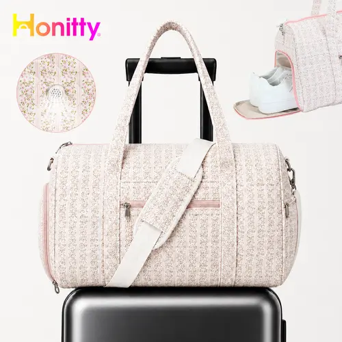 HONITTY Women's Polyester Quilted Duffle Bag - Athletic Gym Weekender with Vented Shoe Compartment, Multi-Compartment Personal Item, Zipper Pocket, Portable Luggage Accessory for Travel & On-The-Go Use, Weekends