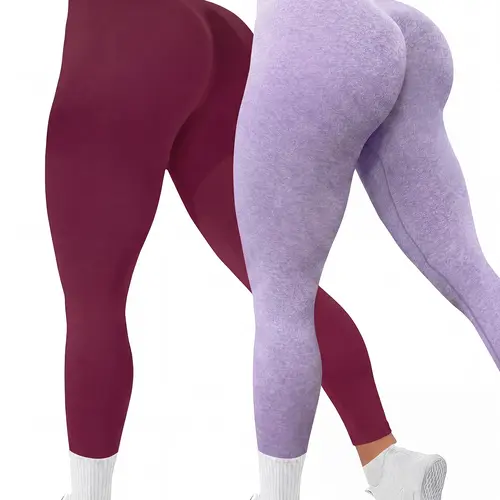 Women's 2-Piece Seamless Knitting Workout Outfit Inspo - QGU High-Waisted Athletic Leggings, Solid Color Hip-Lifting Athletic Stretchable Activewear for Gym, Lower Body Workout, Size M, Sports Stretchy Leggings