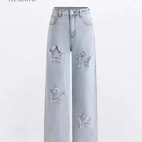 Elengatine Viral Star Patch Baggy Jeans for Women | Y2K High-Waisted Wide Leg Denim Pants | Distressed Star Detail, Streetwear Aesthetic | Loose Fit, Trendy & Comfortable | Perfect for Spring Summer Outfits, Daily Wear, Hip Hop Style & TikTok Trends, Cott
